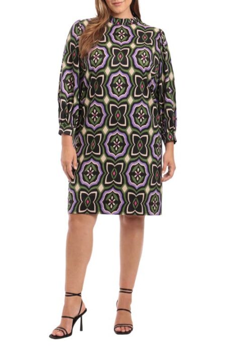  Abstract Print Balloon Sleeve Shift Dress in Black/Purple Orchid at Nordstrom   W
