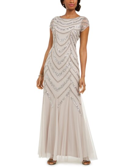  Embellished Godet-Inset Gown Marble Taupe