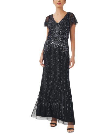 Adrianna Papell Petite Embellished Blouson Flutter-Sleeve Gown - Midnight
