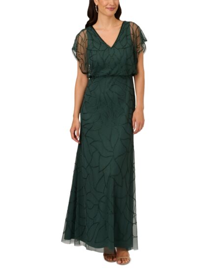  Women's Beaded Blouson Dolman-Sleeve Gown Dusty Emerald