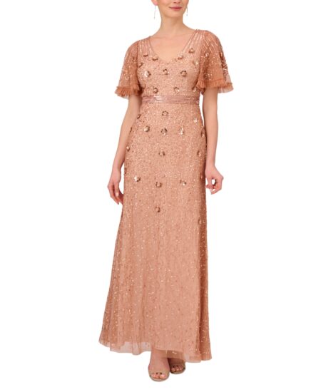 Adrianna Papell Women's Embellished Flutter-Sleeve Gown - Terracotta