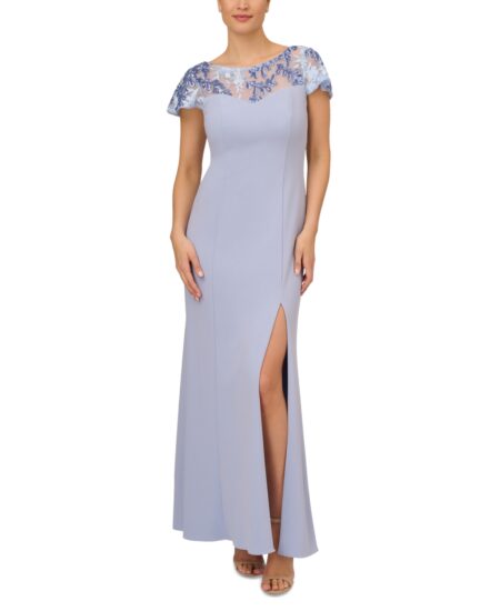  Women's Embellished Knit Crepe Gown Blue Breeze