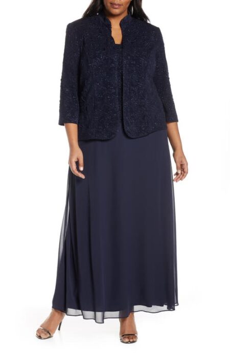  Mock Two-Piece Gown with Jacket in Navy at Nordstrom   W