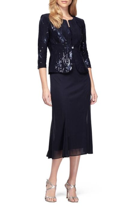  Sequin Midi Dress with Jacket in Navy at Nordstrom   