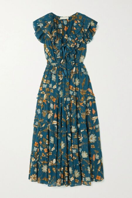  Arisa Ruffled Metallic Floral-print Silk Crepe De Chine Maxi Dress Blue