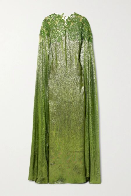   Cape-effect Embellished Embroidered Tulle-trimmed Silk-blend Lamé Gown Green