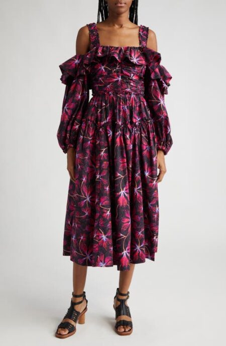 Caprice Floral Cold Shoulder Long Sleeve Cotton Dress in Zinnia at Nordstrom   