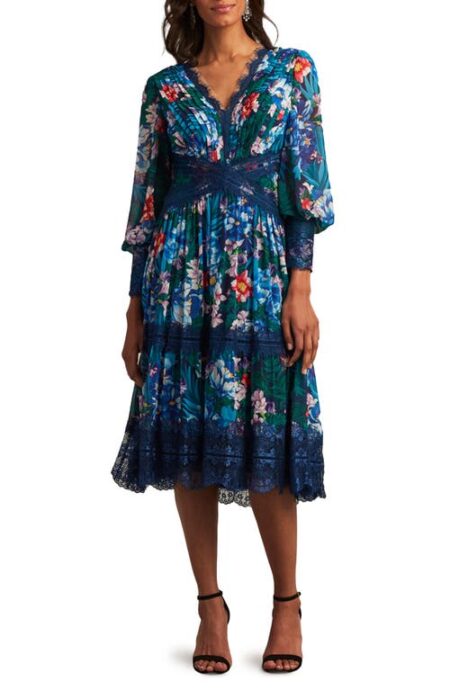  Floral Print Lace Pleat Long Sleeve Midi Dress in Blue/Floral at Nordstrom   