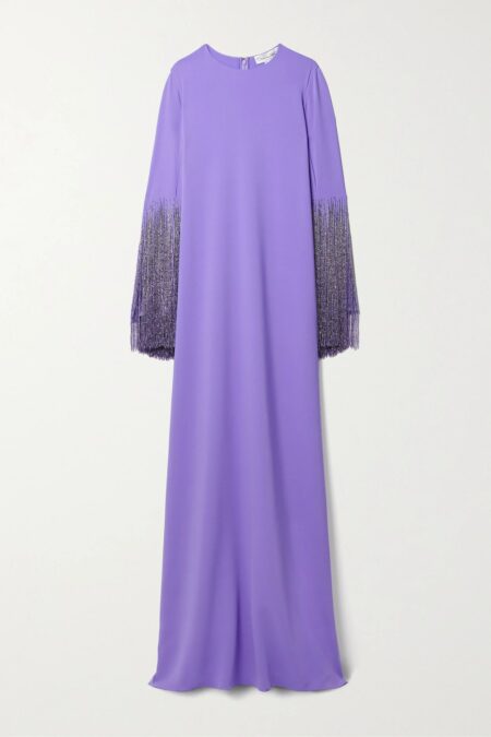   Fringed Bead-embellished Silk-blend Crepe Gown Purple