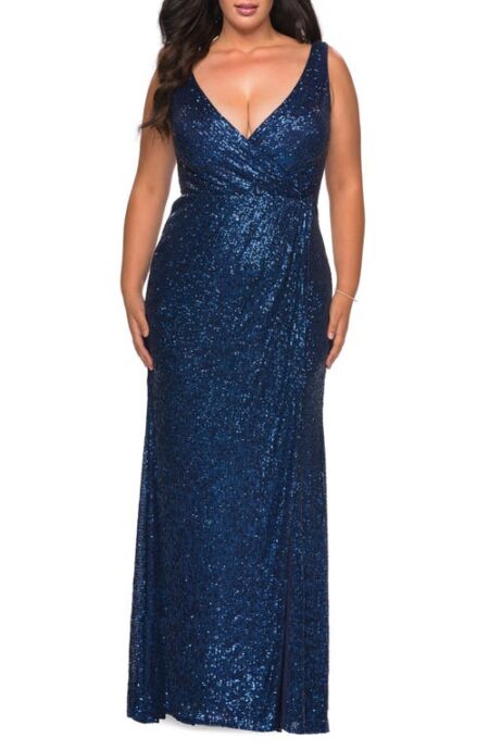  Sequin Faux Wrap Gown in Navy at Nordstrom   W