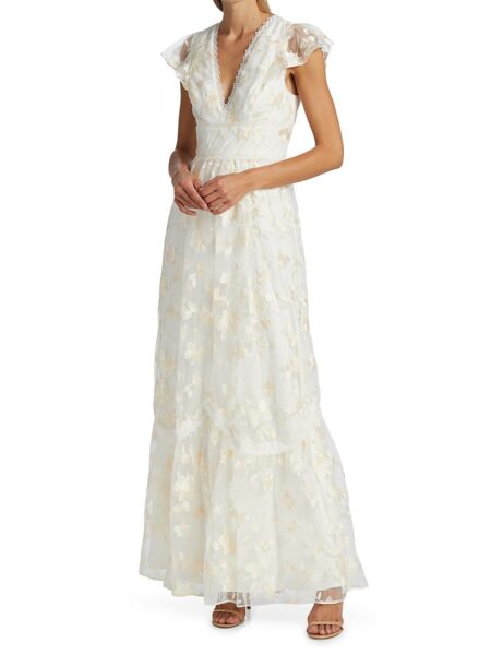  Women's Floral-Embroidery Mesh Gown Ivory Multi   