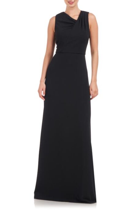  Marcelle Asymmetric Neck Scuba Crepe A-Line Gown in Black at Nordstrom   