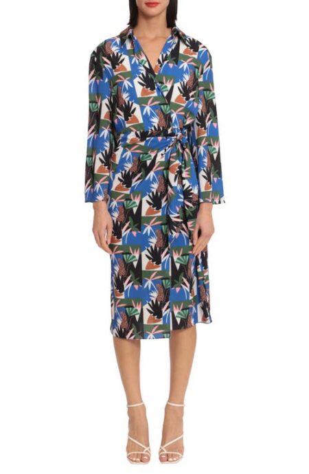  Mixed Print Long Sleeve Wrap Front Midi Dress in Soft White/Blue/Jolly Green at Nordstrom   