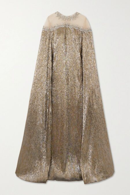   Cape-effect Crystal-embellished Tulle-trimmed Silk-blend Lamé Gown Gold