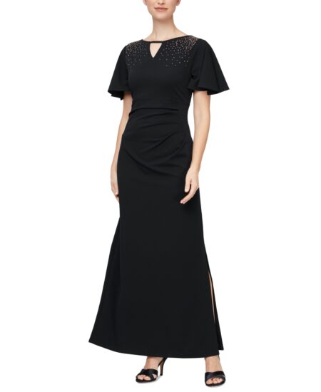  Petite Embellished Flutter-Sleeve Gown Black