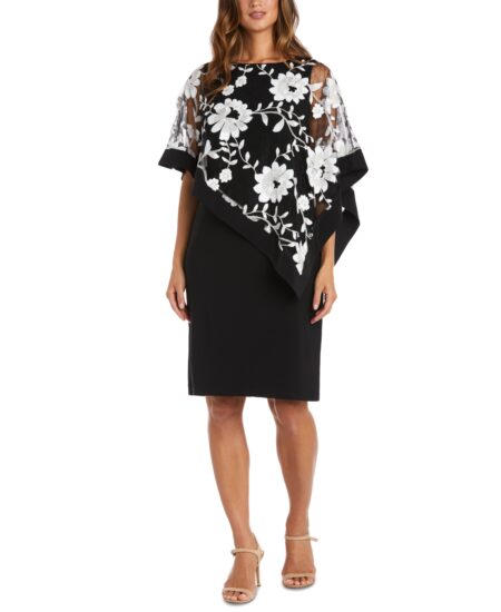 R & M Richards Petite Floral-Embroidered Poncho Dress Black White