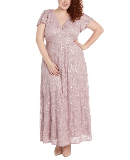 R & M Richards Plus  Sequined Fit & Flare Gown Rose