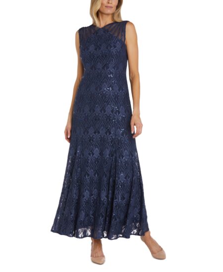 R & M Richards Women's Long Embellished Illusion-Detail Lace Gown Cadet