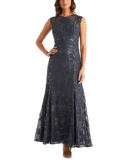 R & M Richards Women's Long Embellished Illusion-Detail Lace Gown Charcoal