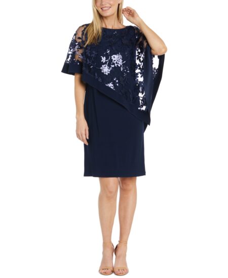 R & M Richards Women's Sequined Floral-Lace Poncho Dress Navy