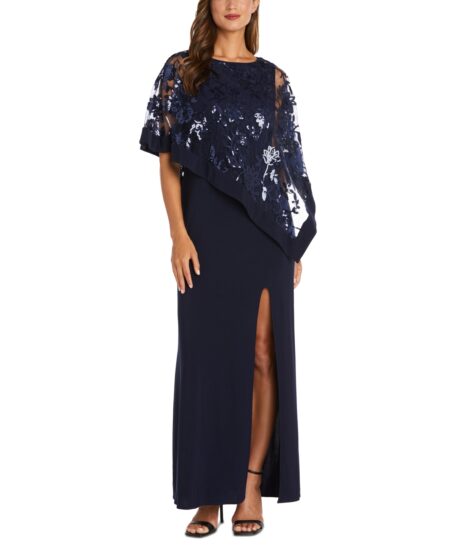 R & M Richards Women's Sequinned Floral-Lace-Poncho Gown Navy