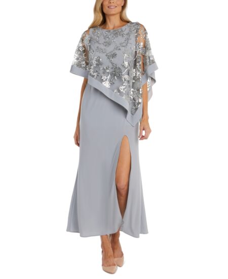 R & M Richards Women's Sequinned Floral-Lace-Poncho Gown Silver