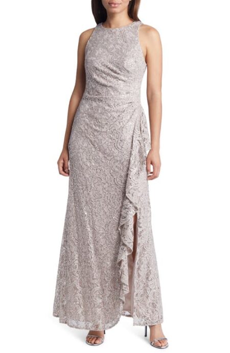  Ruffle Sequin Lace Gown in Buff at Nordstrom   