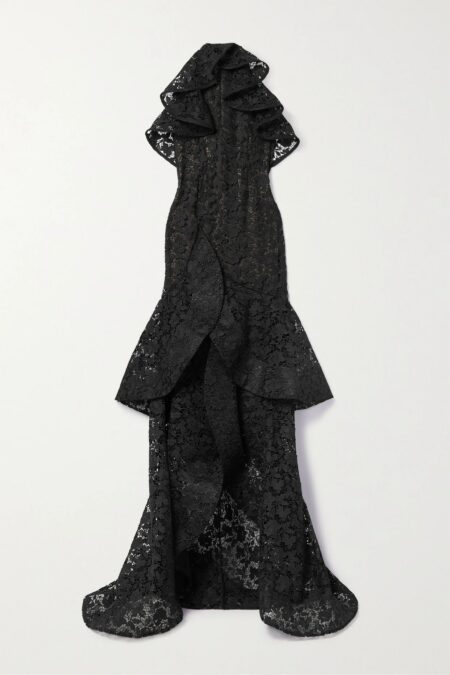   Ruffled Guipure Lace Halterneck Gown Black