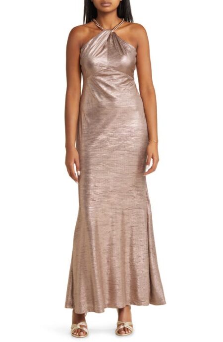  Metallic Embellished Twist Neck Gown in Taupe at Nordstrom   