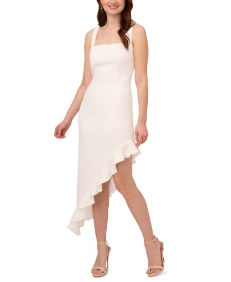  Women's Asymmetrical Flounce-Hem Midi Dress Ivory