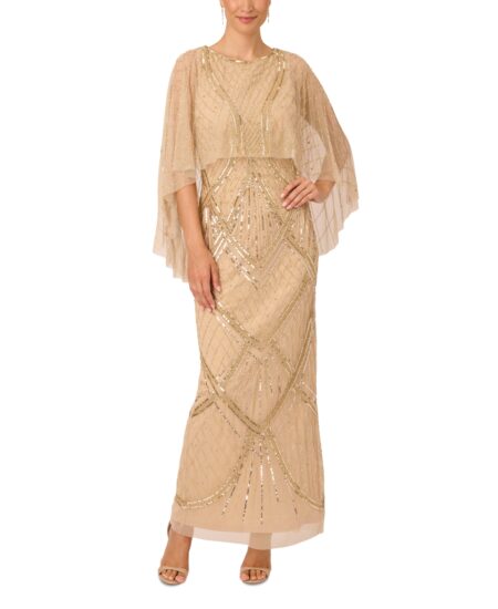 Women's Bead-Embellished Cape Gown Gold
