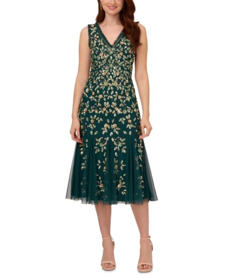  Women's Embellished Ruffled Godet Dress Gem Green