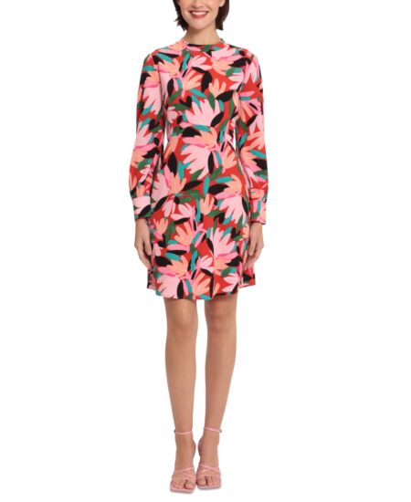  Women's Floral-Print Buttoned-Cuff Long-Sleeve Dress Poppy/Light Pink
