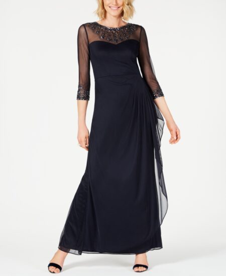  Women's Illusion Embellished A-Line Gown Dark Navy