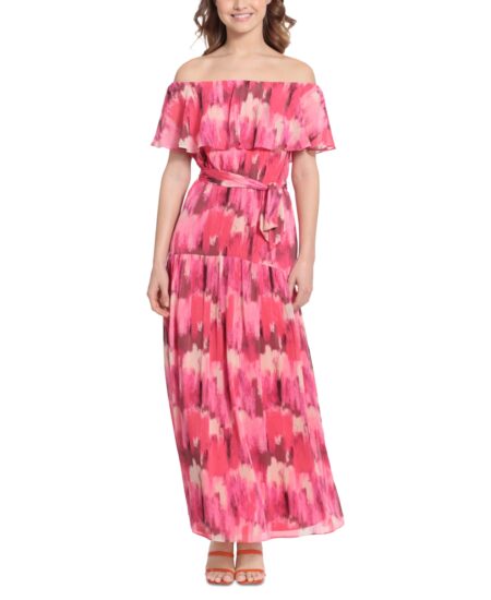  Women's Printed Off-The-Shoulder Maxi Dress Cream/coral Paradise