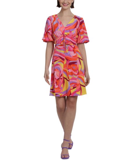  Women's Printed V-Neck Short-Sleeve Dress Lilac/Hot Pink