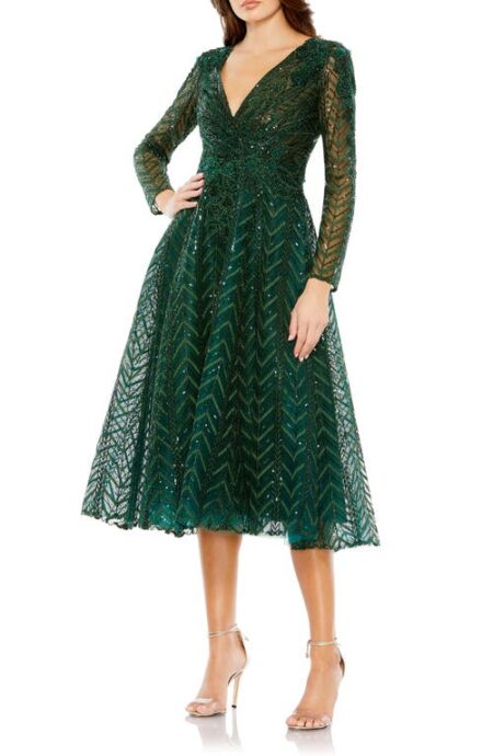  Bead & Sequin Long Sleeve Tulle Fit & Flare Dress in Emerald at Nordstrom   