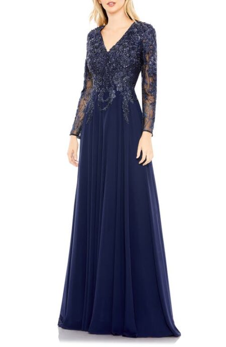  Beaded Bodice Long Sleeve A-Line Gown in Navy at Nordstrom   