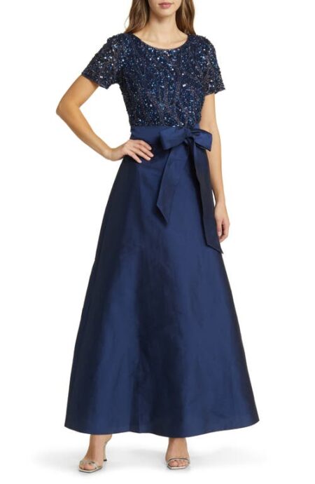  Beaded Bodice Mixed Media Gown in Navy   at Nordstrom   