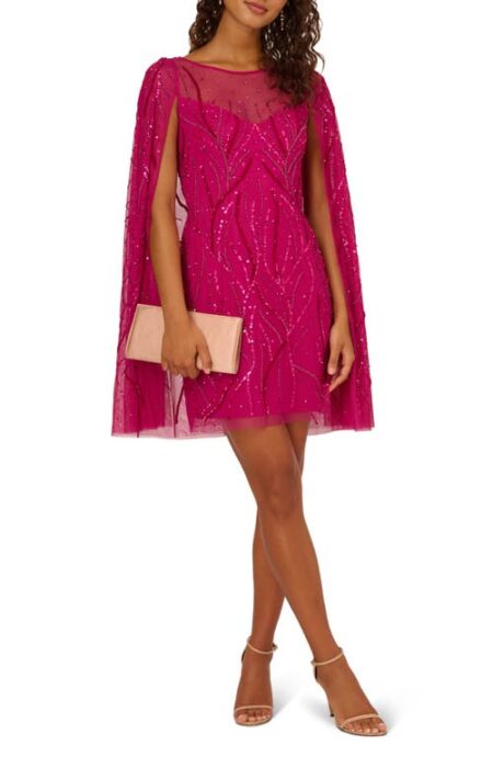  Beaded Cape Sleeve Cocktail Dress in Hot Orchid at Nordstrom   