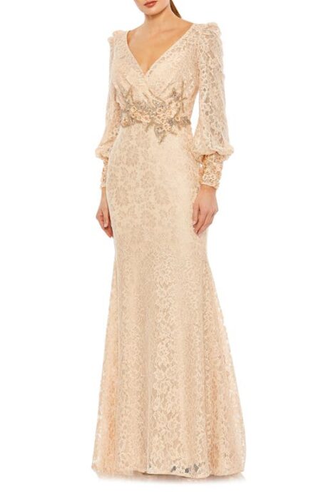  Beaded Detail Lace Long Sleeve Gown in Champagne Blush at Nordstrom   