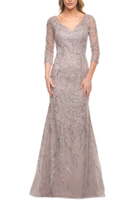  Beaded Lace Mermaid Gown in Lavender/Gray at Nordstrom   