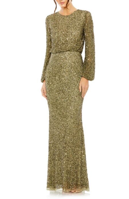  Beaded Long Sleeve Gown in Olive at Nordstrom   