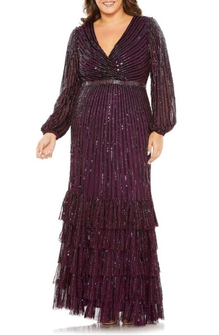  Beaded Long Sleeve Wrap Front Gown in Blackberry at Nordstrom   W
