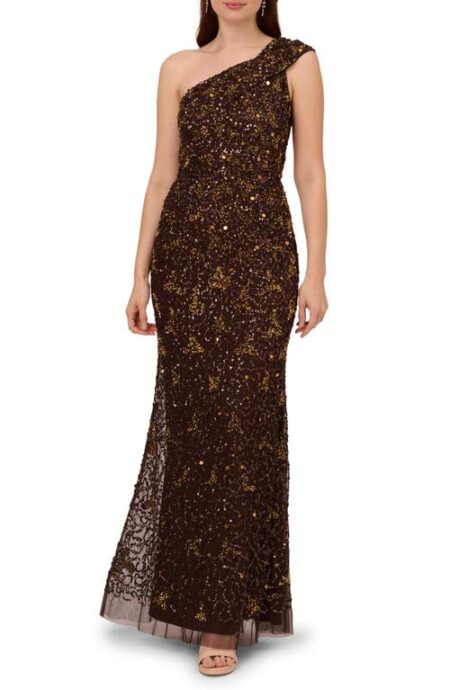  Beaded One-Shoulder Gown in Chocolate at Nordstrom   