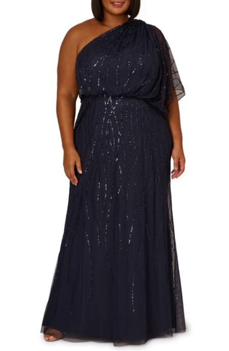  Beaded One-Shoulder Gown in Dusty Navy at Nordstrom   W