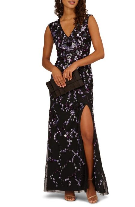  Beaded Sleeveless V-Neck Gown in Black/Purple at Nordstrom   