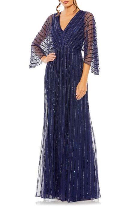  Beaded Stripe Mesh A-Line Gown in Navy at Nordstrom   