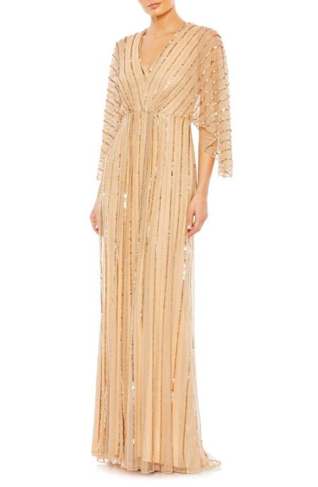  Beaded Stripe Mesh A-Line Gown in Taupe at Nordstrom   