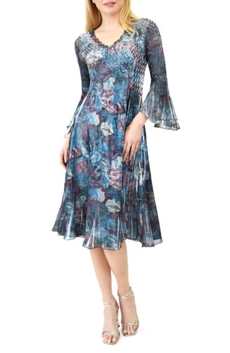 Bell Sleeve Charmeuse & Chiffon A-Line Dress in Pandora at Nordstrom  Large